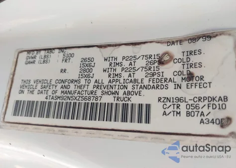 1999 Toyota Tacoma Prerunner z USA, uszkodzony, nr VIN 4TASM92N5XZ568787